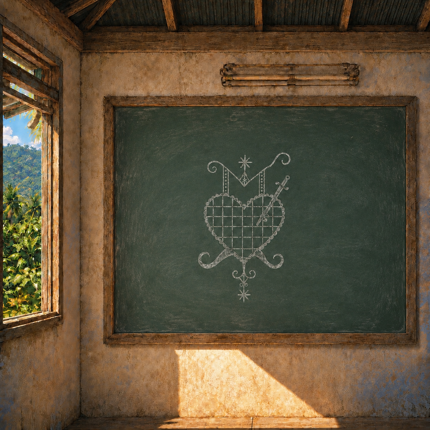 A heart and sword drawn in chalk on a sunlit classroom chalkboard
