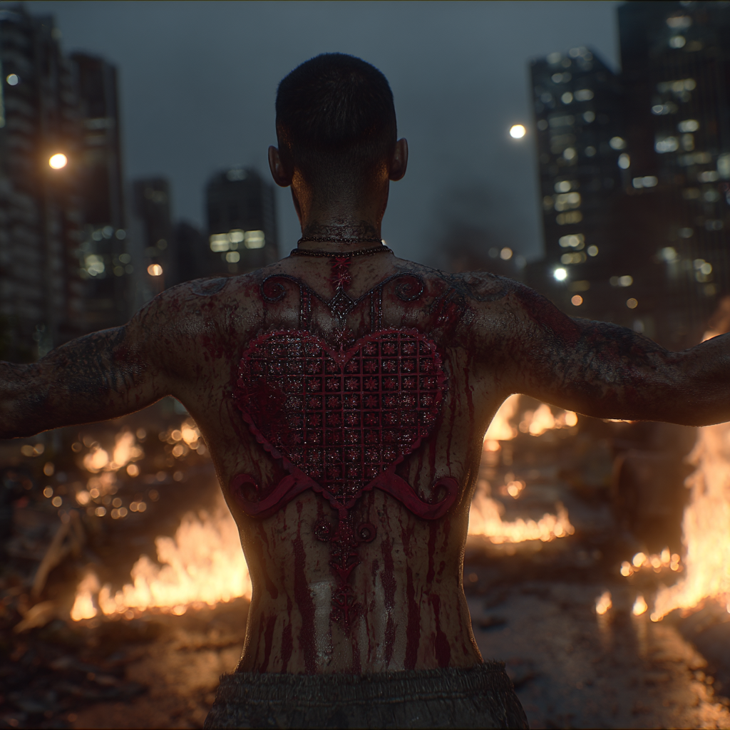 A figure with a heart and sword on his back facing a burning city