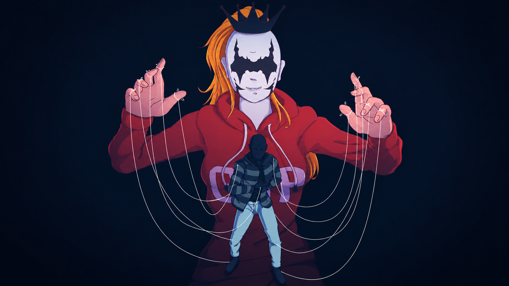 A crowned puppet master holding the strings of a shadowed marionette