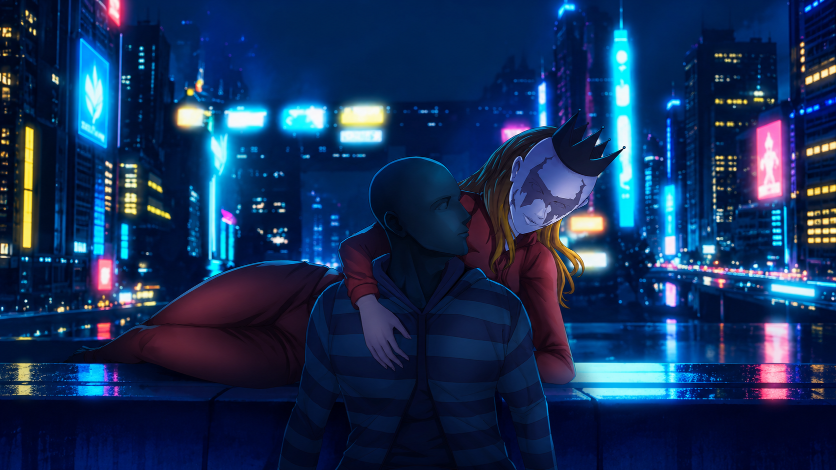 Fantasy and Reality together above a neon city