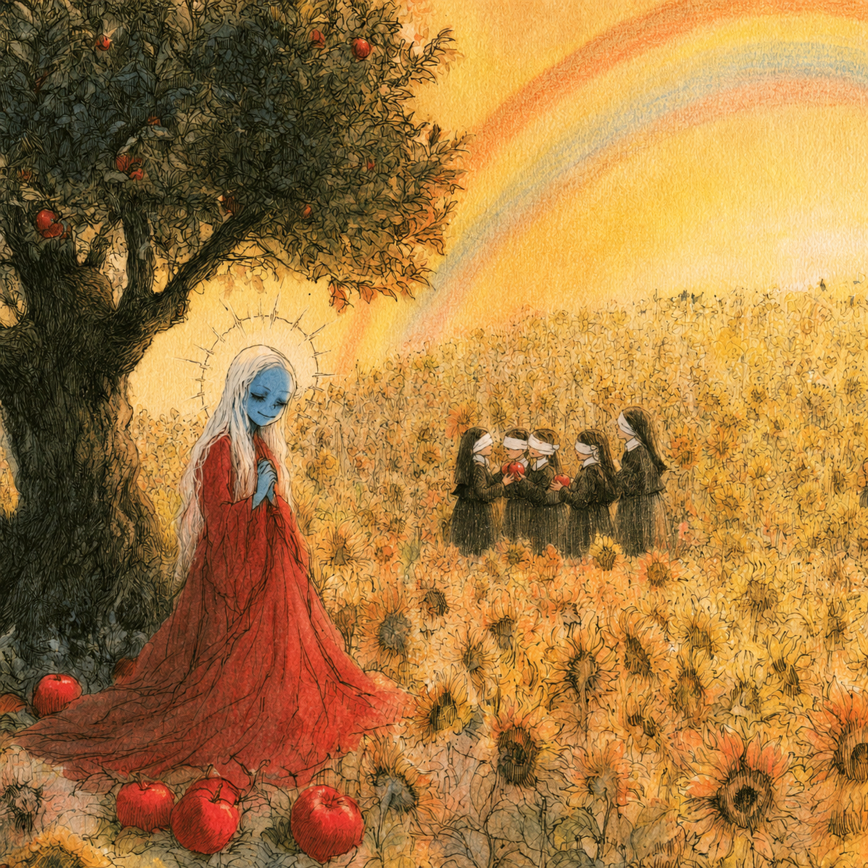 A blue-faced woman beneath an apple tree beside blindfolded figures in a golden field